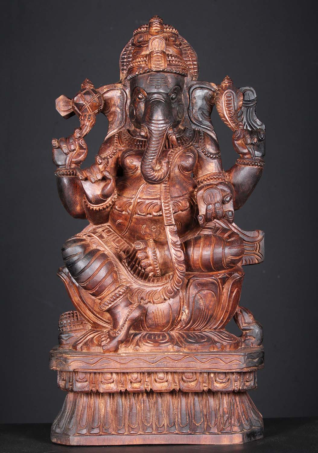 Wooden Seated Ganapathi Sculpture 24"