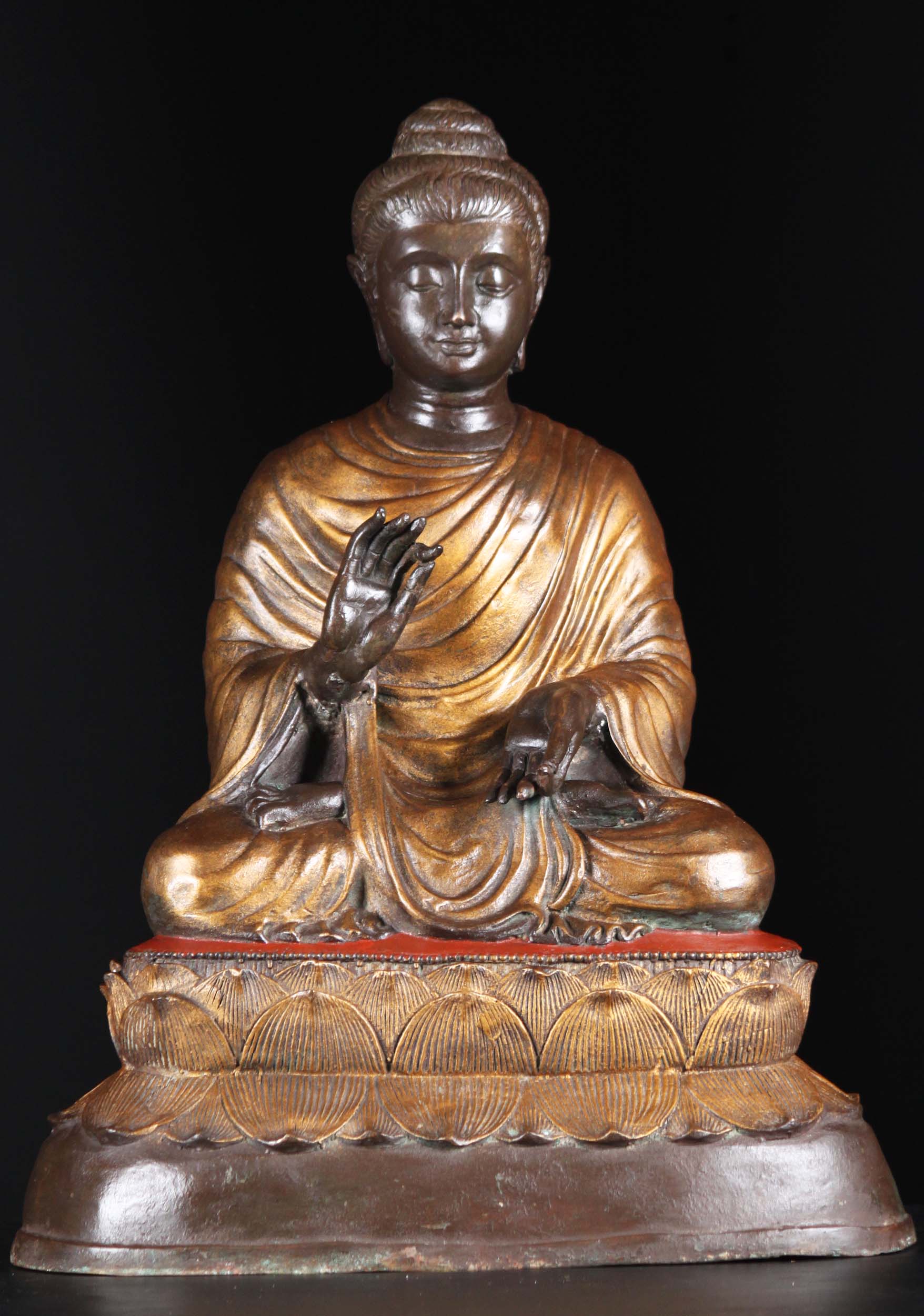 Brass Gandhara Style Buddha Statue Dharmachakra Mudra "Turning the Wheel of Dharma" 27"