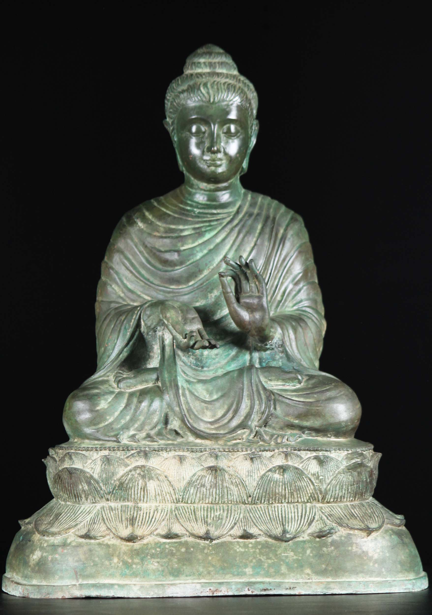 Brass Gandhara Buddha Sculpture with Antique Green Patina Seated on Double Lotus Base  27"