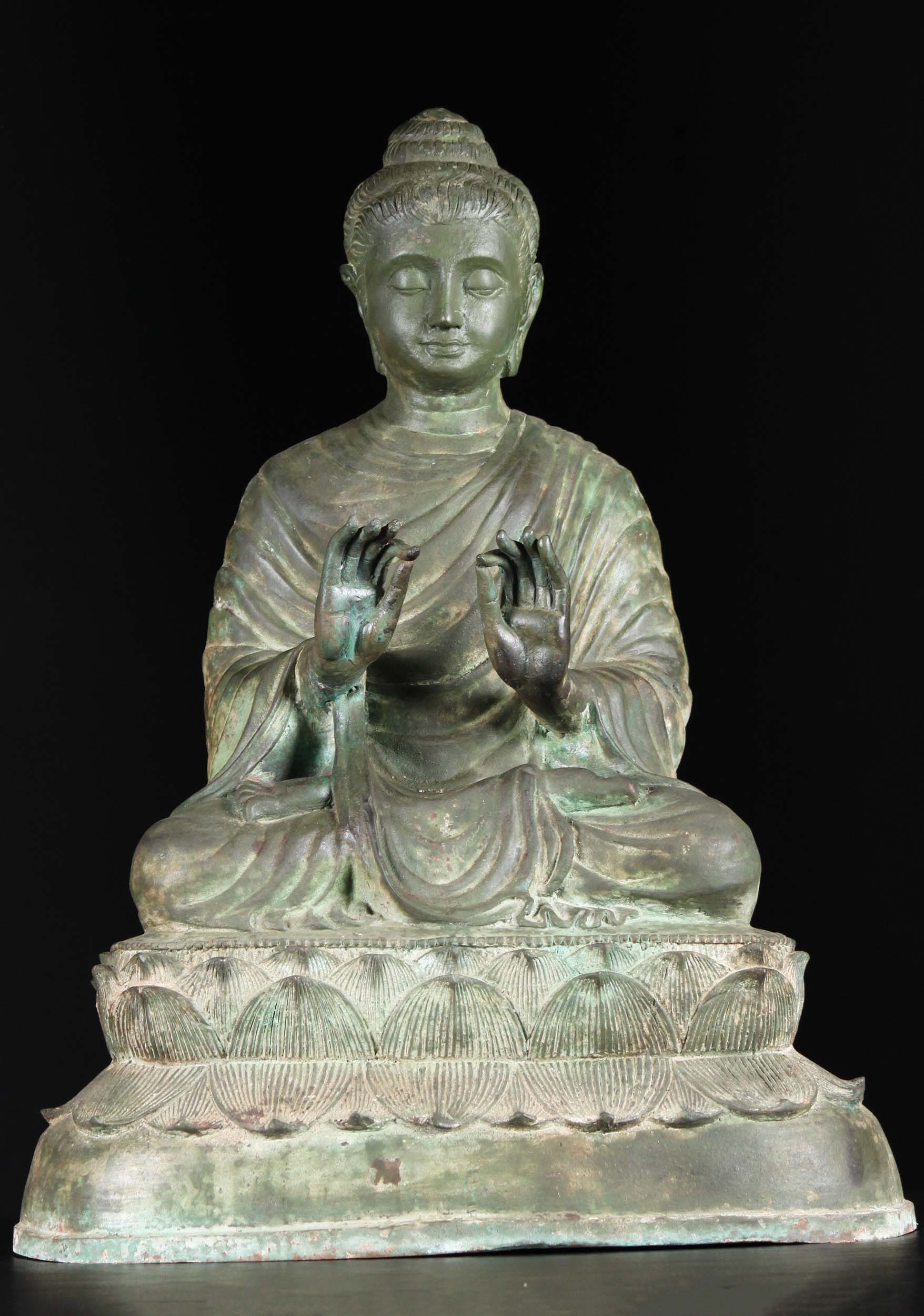 Beautiful Brass Gandhara Buddha Statue on Lotus Base with Hands in the Dharmachakra Mudra 27"