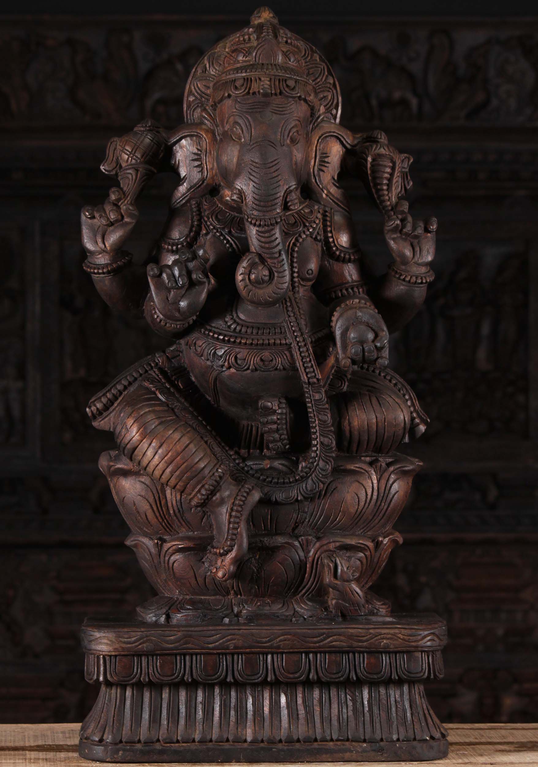 Wood Ganesh Carving Holding Modak 36"