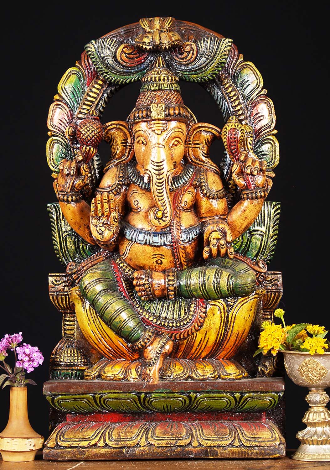 Wooden Ganesh Statue with Arch 18"