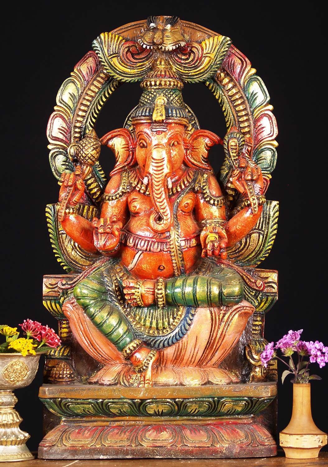 Wooden Ganesh with Arch Sculpture 18"