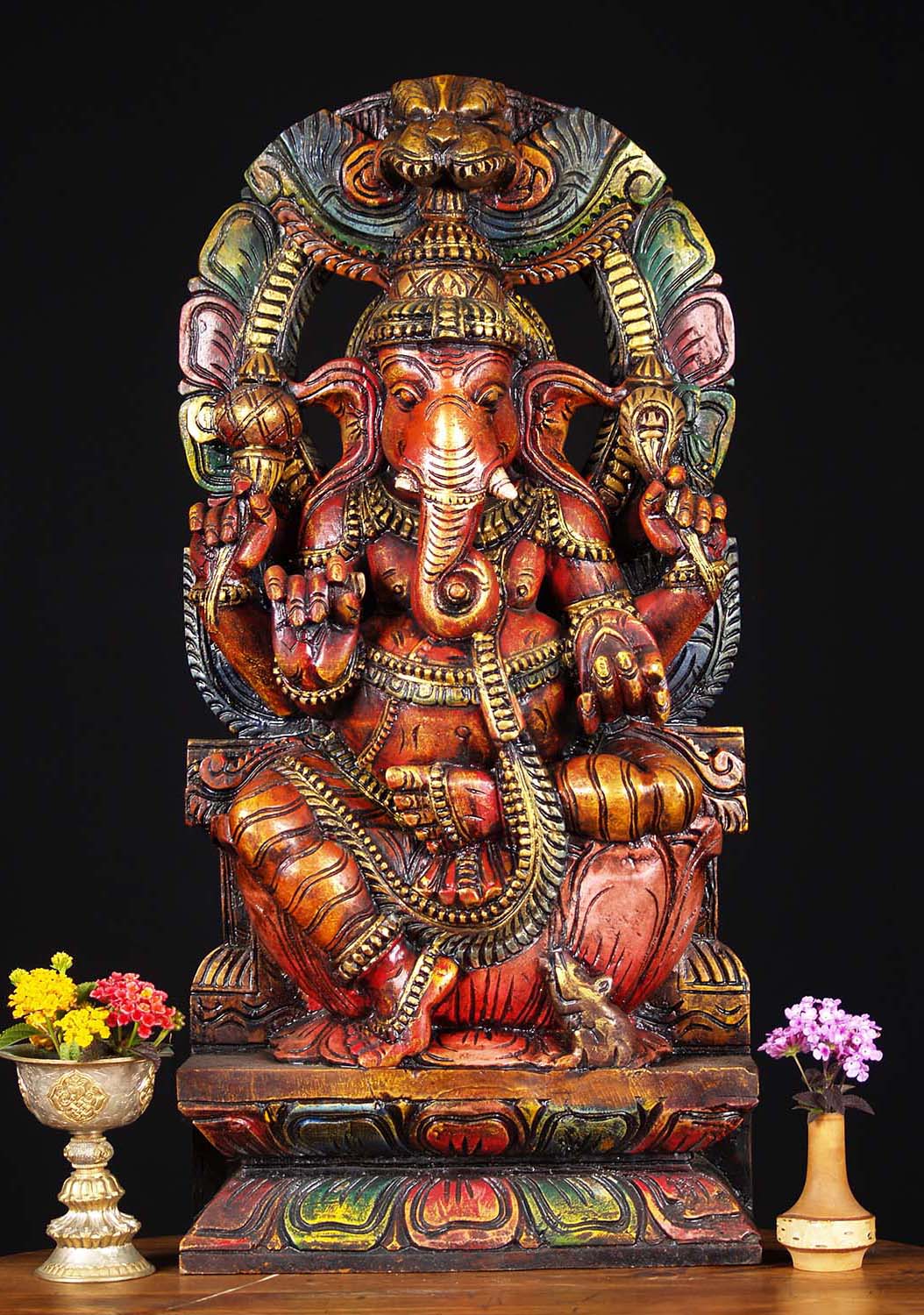 Wooden Ganesh Statue with Arch 24"