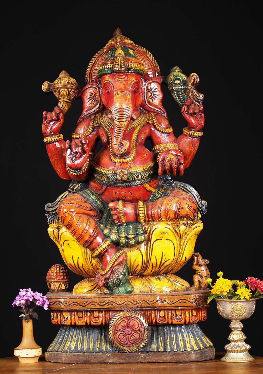 Wooden Red Ganesh on Yellow Lotus Base 24"