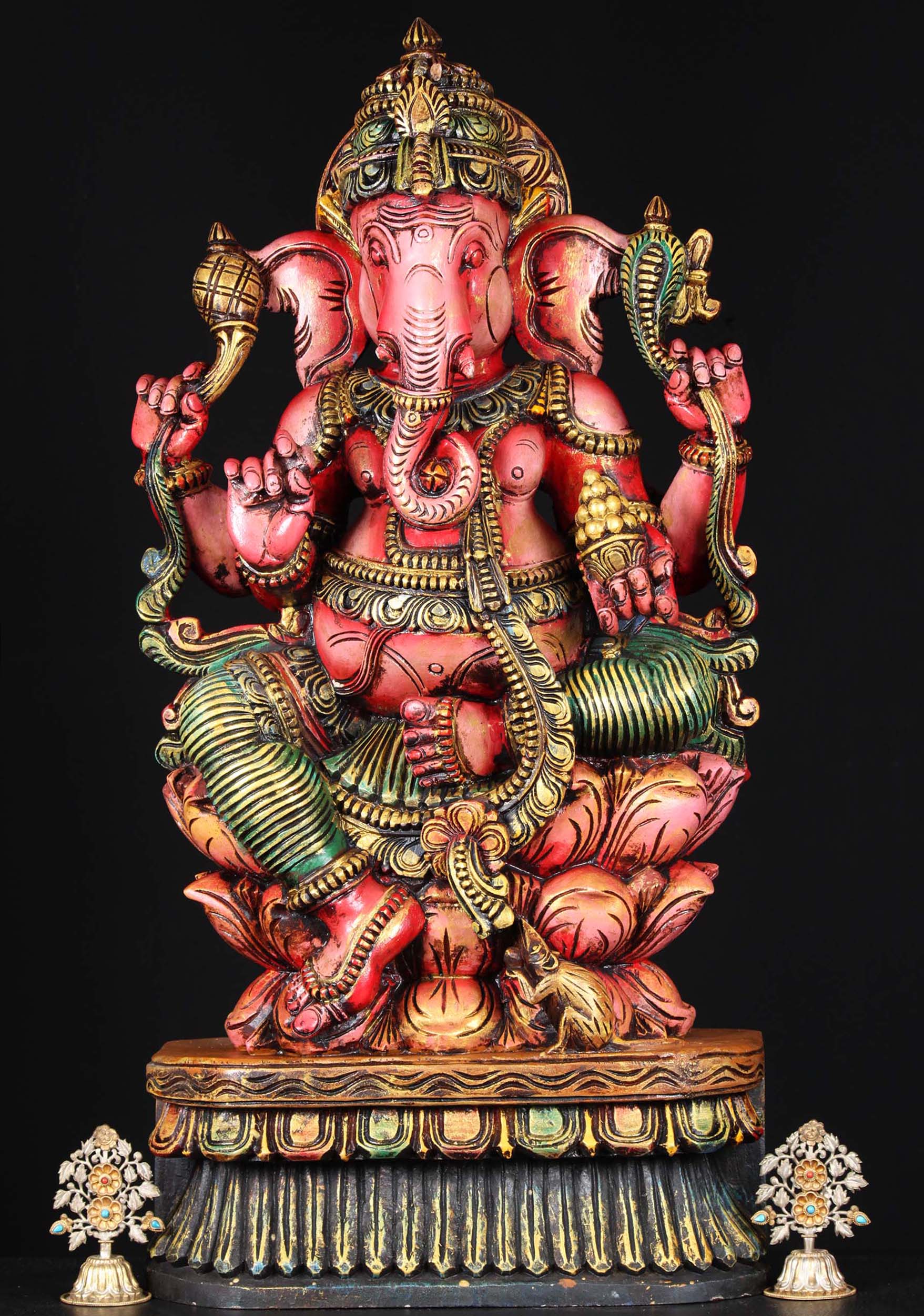 Wood Ganesh Holding Noose, Tusk Goad & Bowl 36"