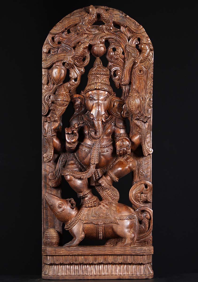 Wood Ganesh Dancing On Rat Under Canopy 36"