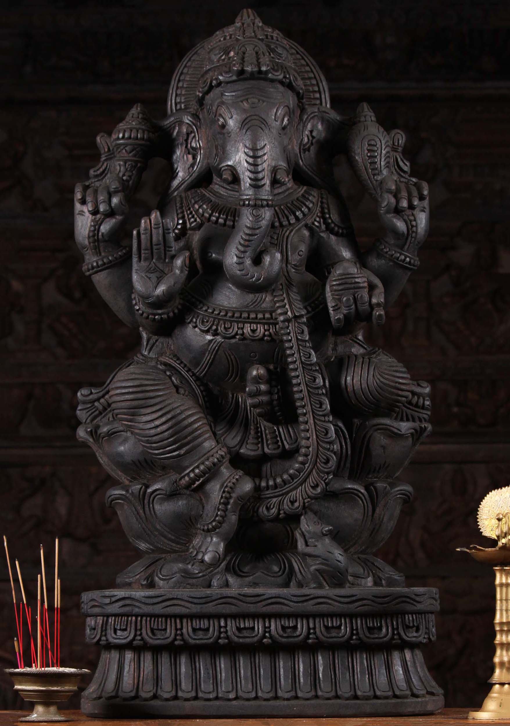 Wood Abhaya Mudra Ganesh Statue 35"