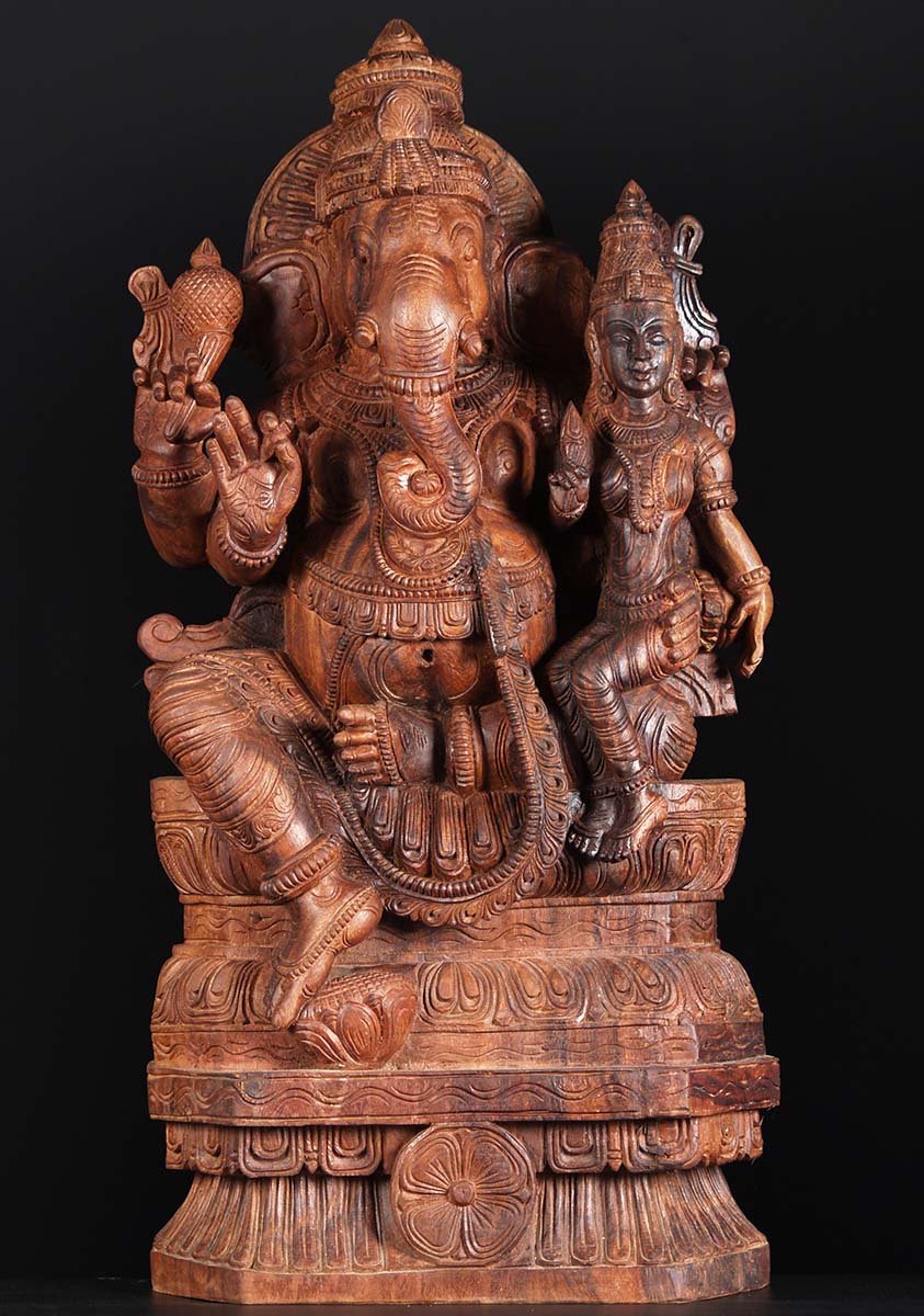 Wood Statue of Ganesh with Lakshmi 36"