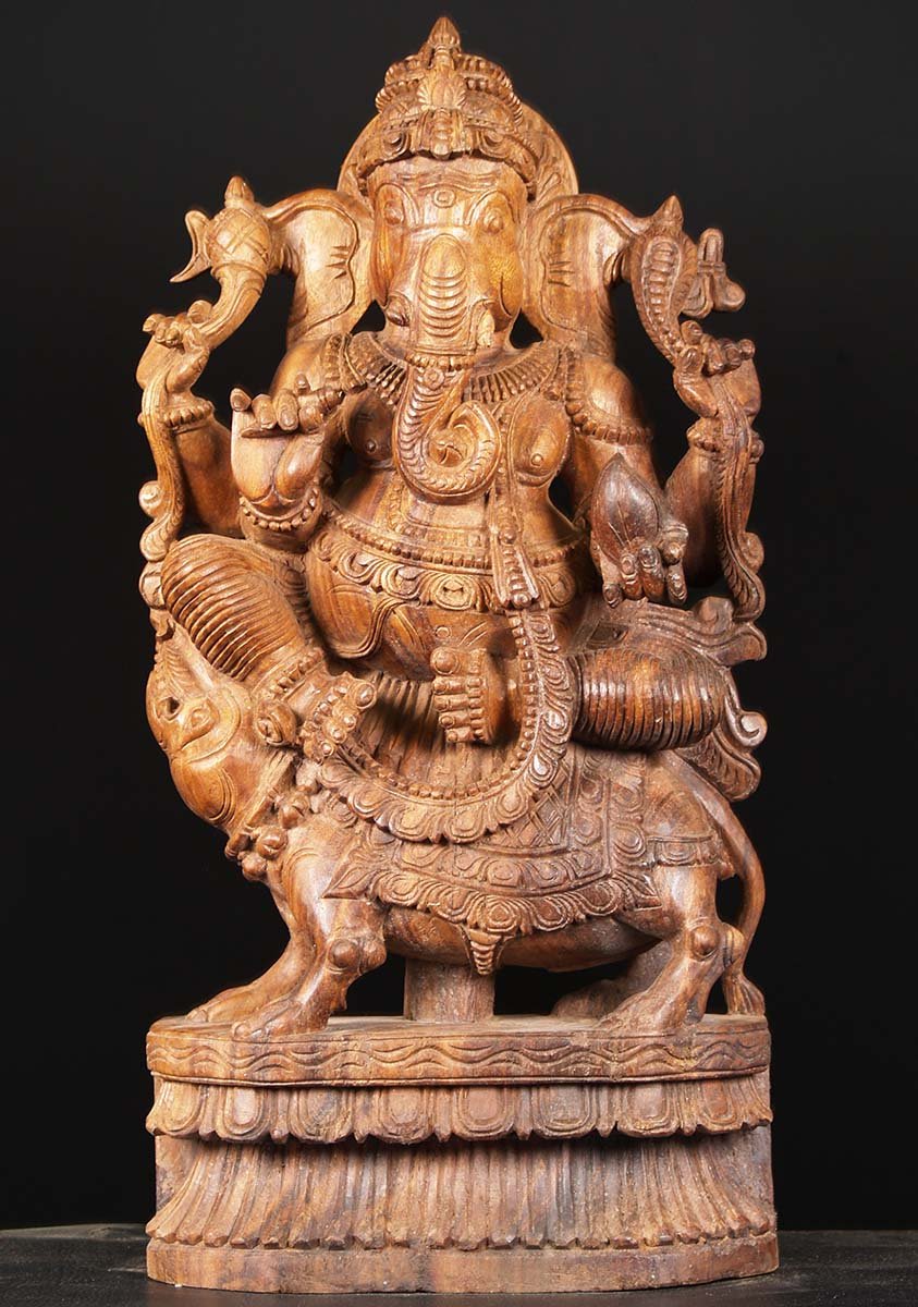 Wooden Ganesha Statue Seated On Rat 30"