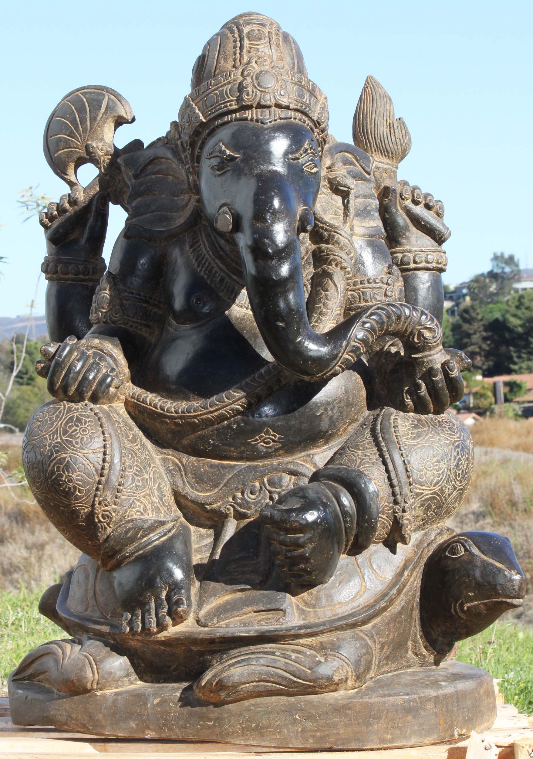 Stone Ganesh Seated on Top Of a Turtle 38"