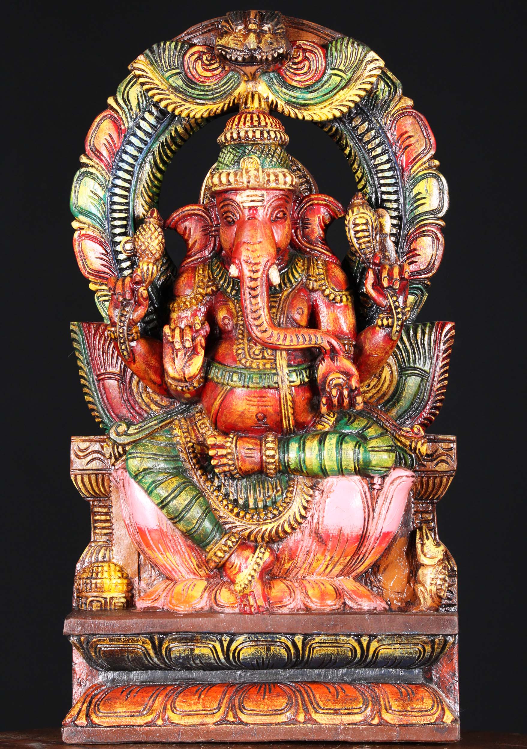 Wooden Painted Ganesh Statue with Arch 18"