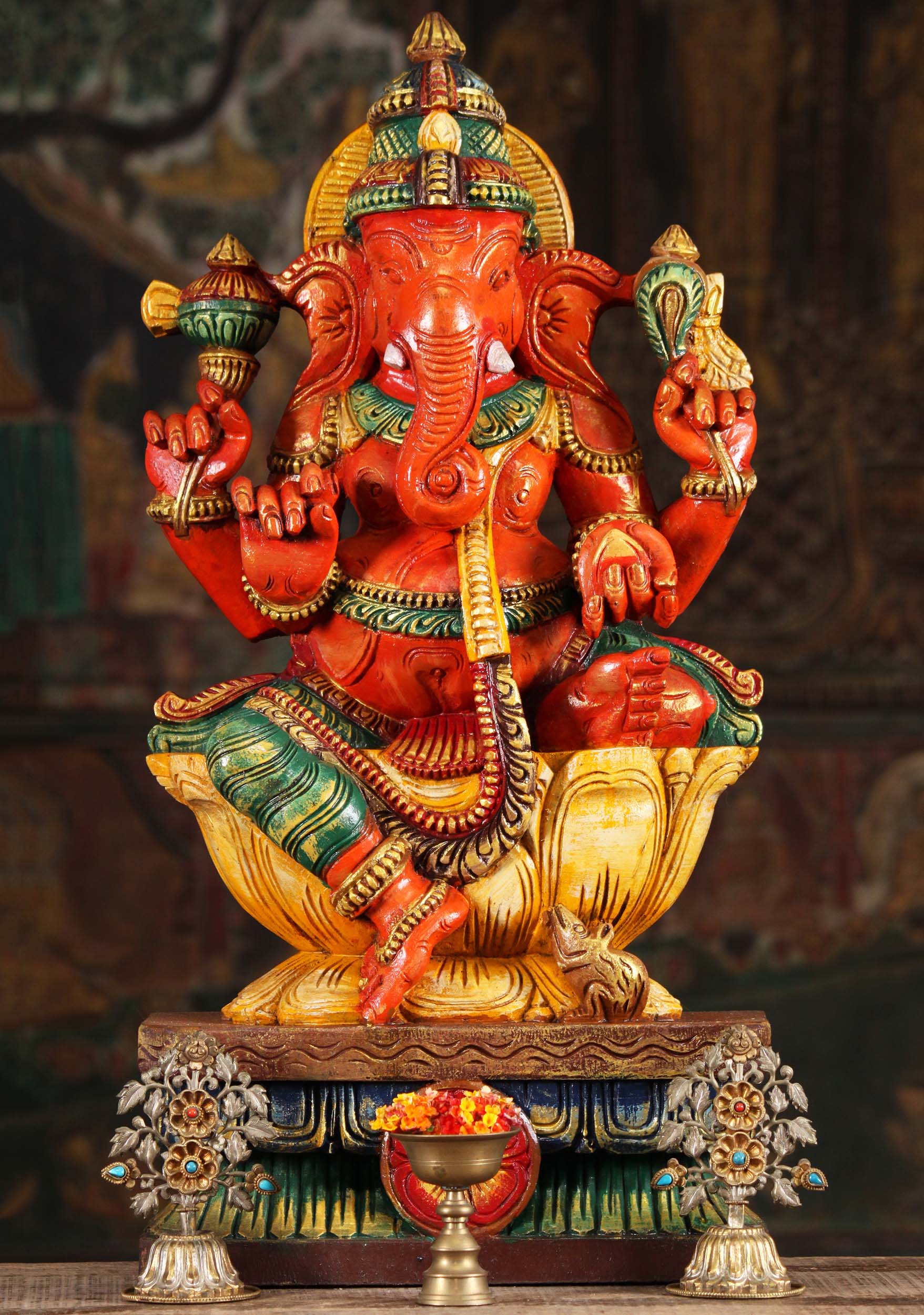 Wood Ganesh Statue with Leg on Lotus Base 24"