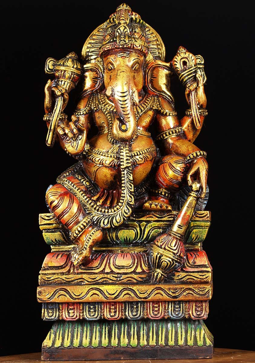 Wooden Painted Ganesh Holding Club 24"