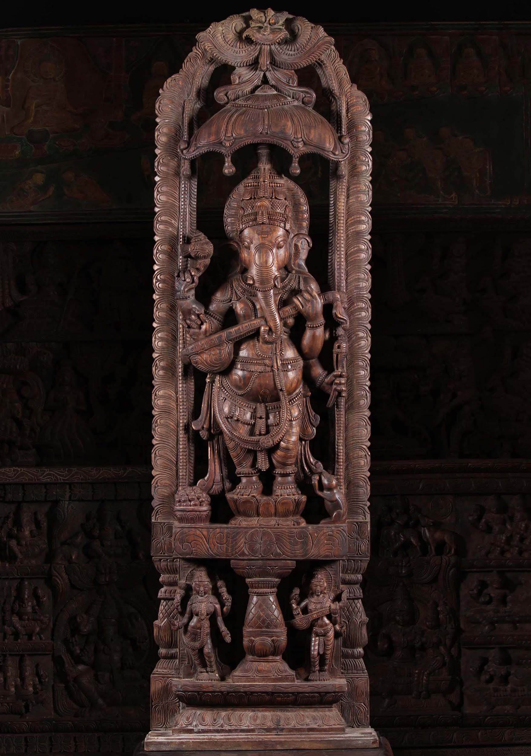 Wood Ganesh Playing Veena Beneath Umbrella 61"