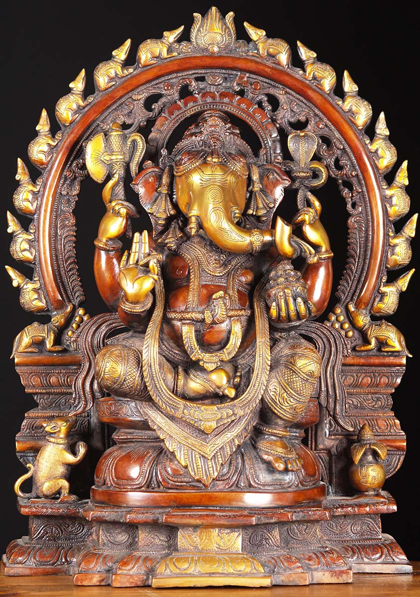 Brass Ganesh Statue with Rat Arch 19"