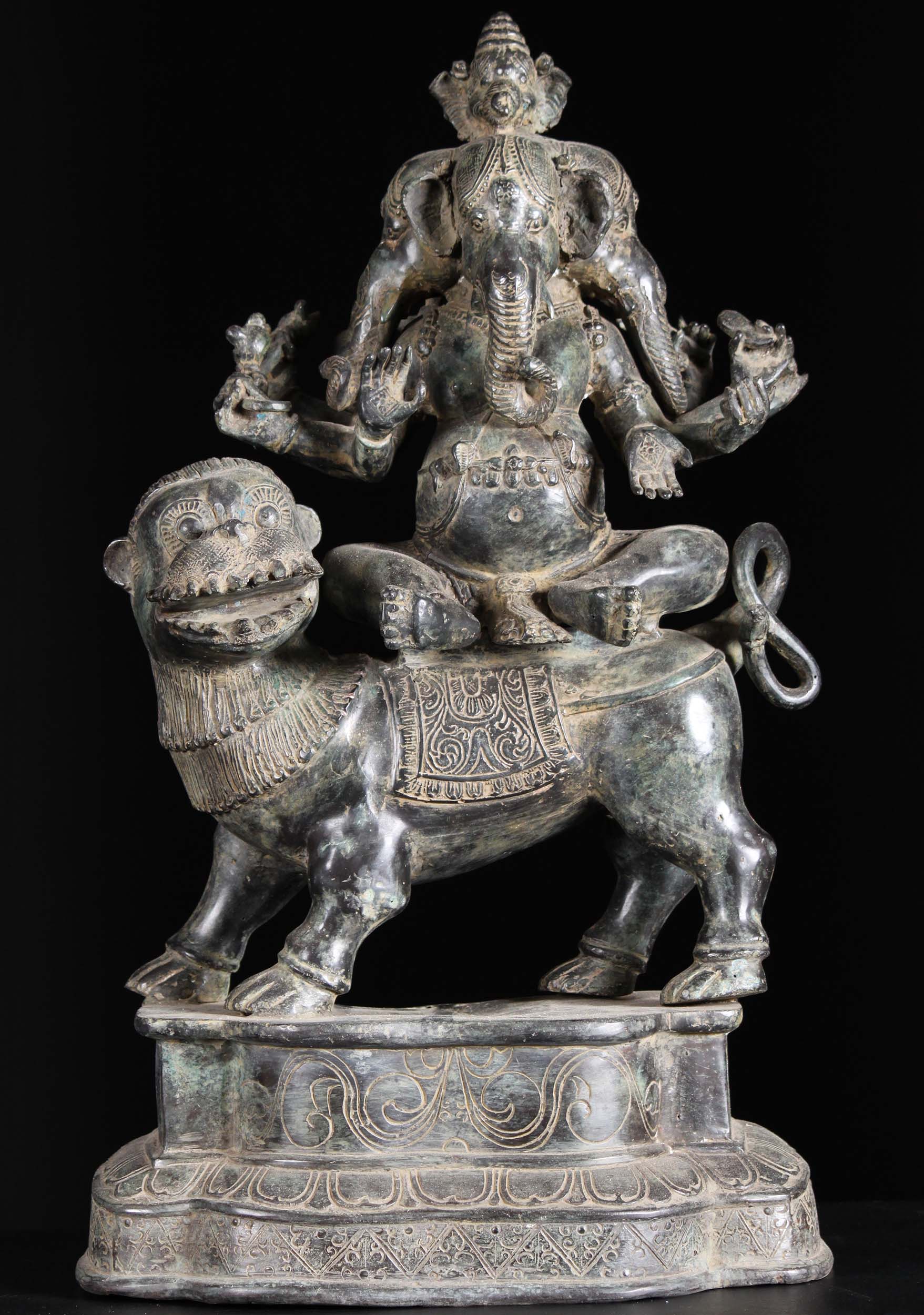 Brass Panchamukha Ganapati, Ganesh with 5 Heads Riding Lion with Antique Patina 23"