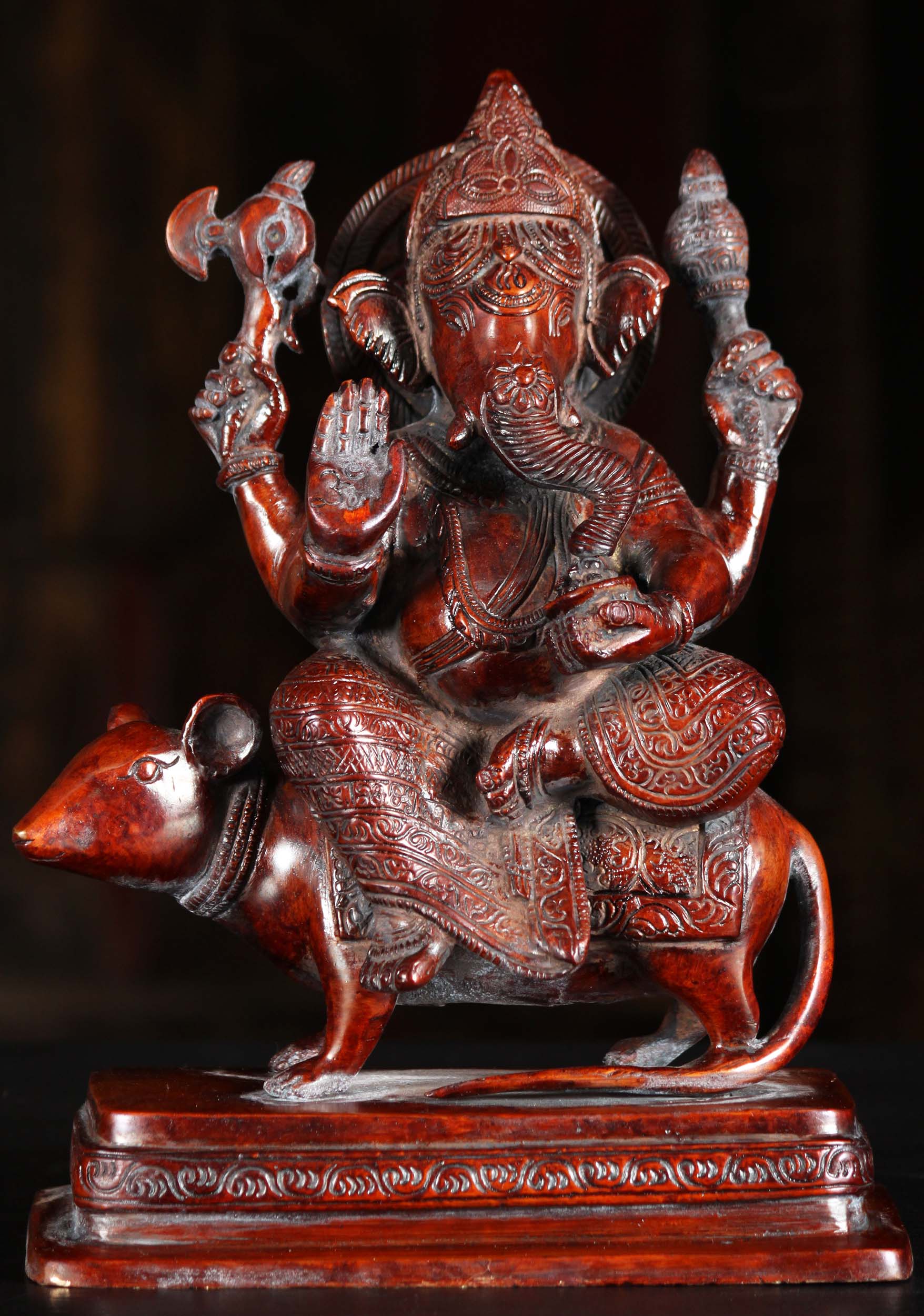 Brass Ganesh Statue with 4 Arms Riding His Vehicle, the Large Rat, Mooshika 9"