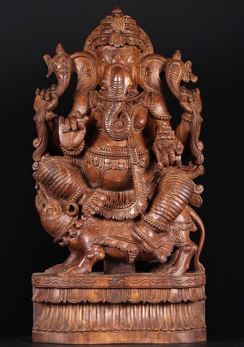 Wooden Statue of Ganesh Riding a Rat 36"