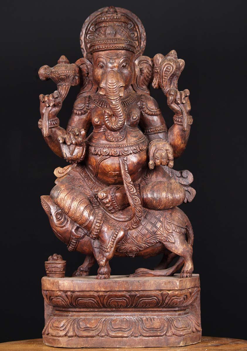 Wooden Ganesh Riding Rat Statue 24"