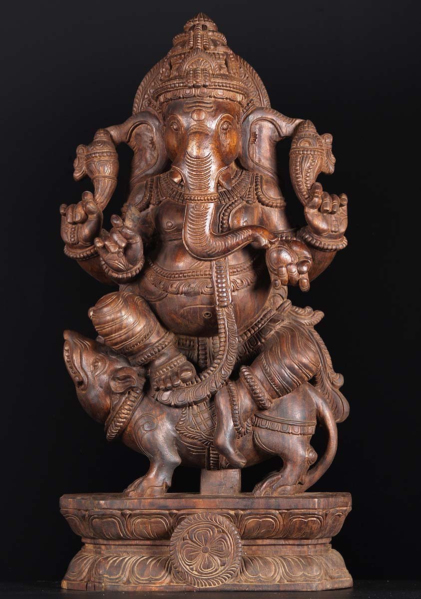 Wooden Statue of Ganesh Riding a Rat 36"