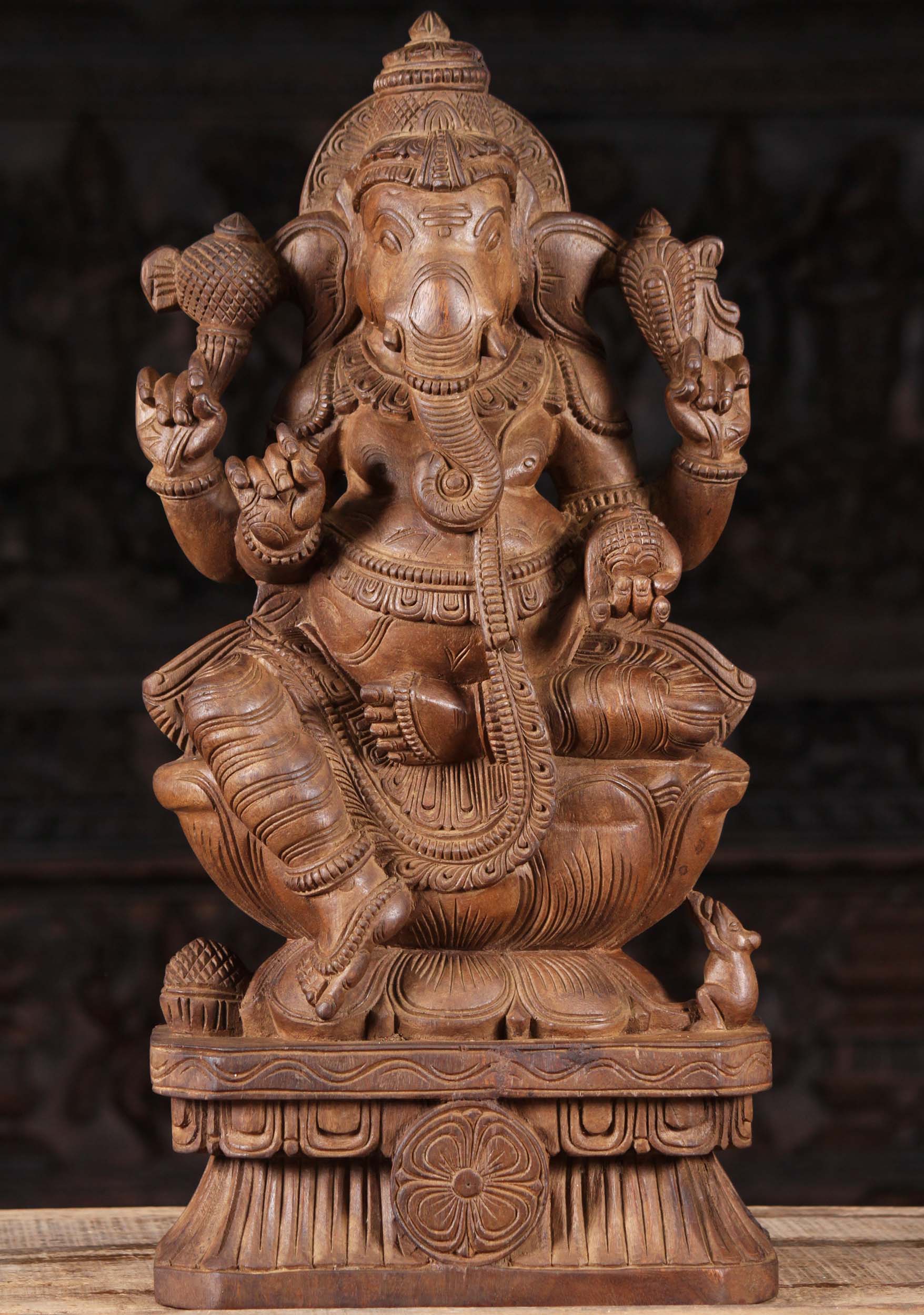 Wooden Seated Ganesha Sculpture 24"