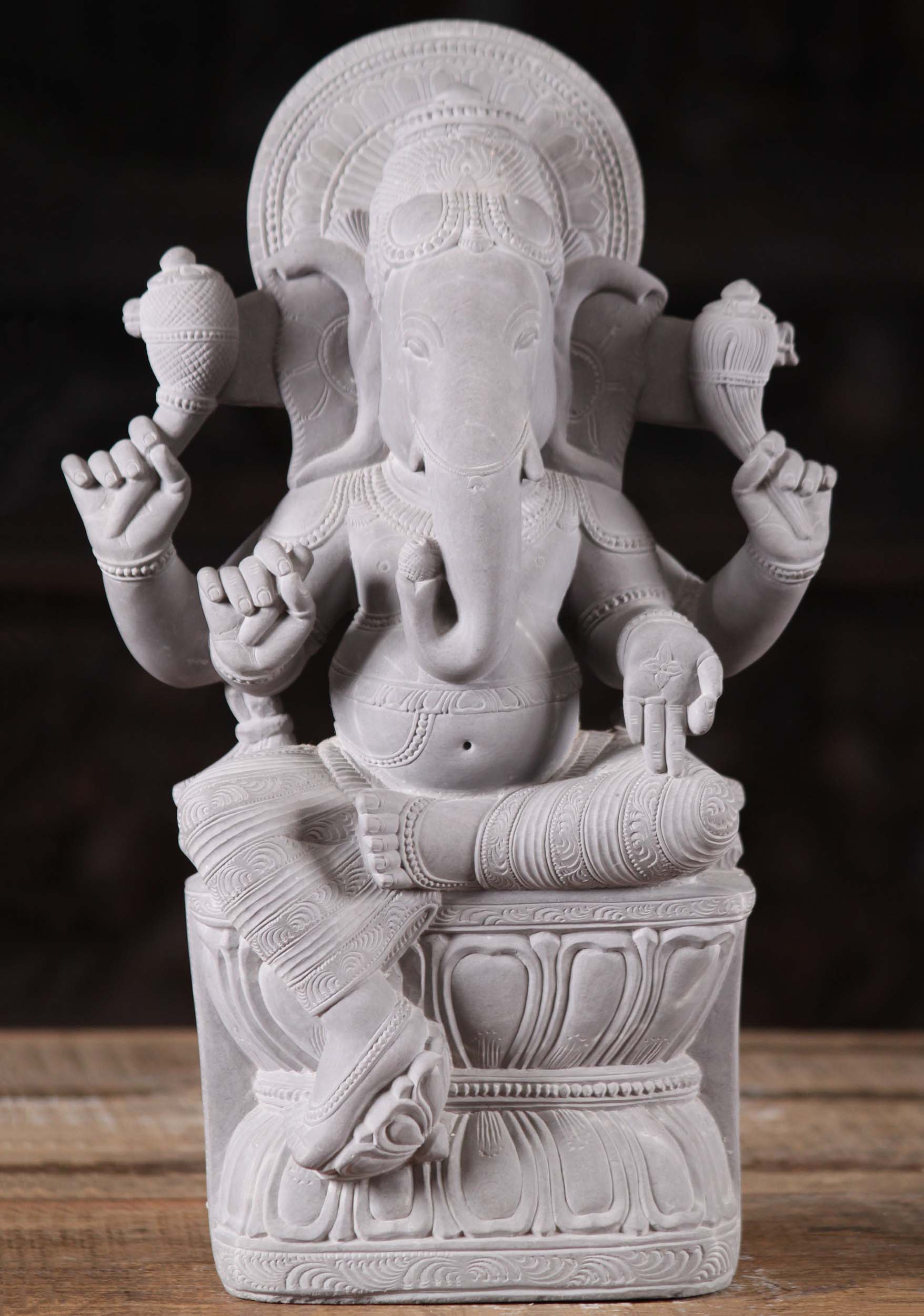 Marble Ganesh on Lotus Base Holding Tusk 15"