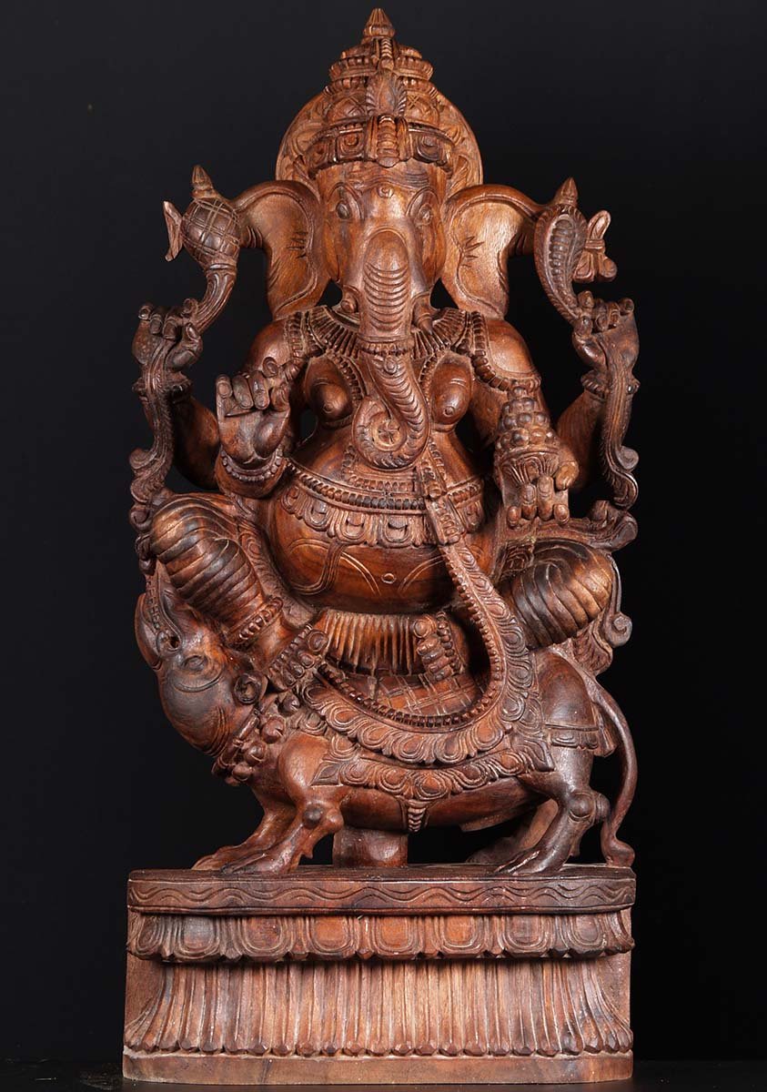 Wooden Ganesh Seated On Rat 36"