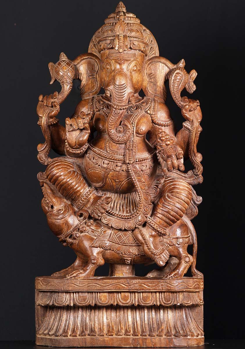 Wood Ganesh Seated On Rat 36"