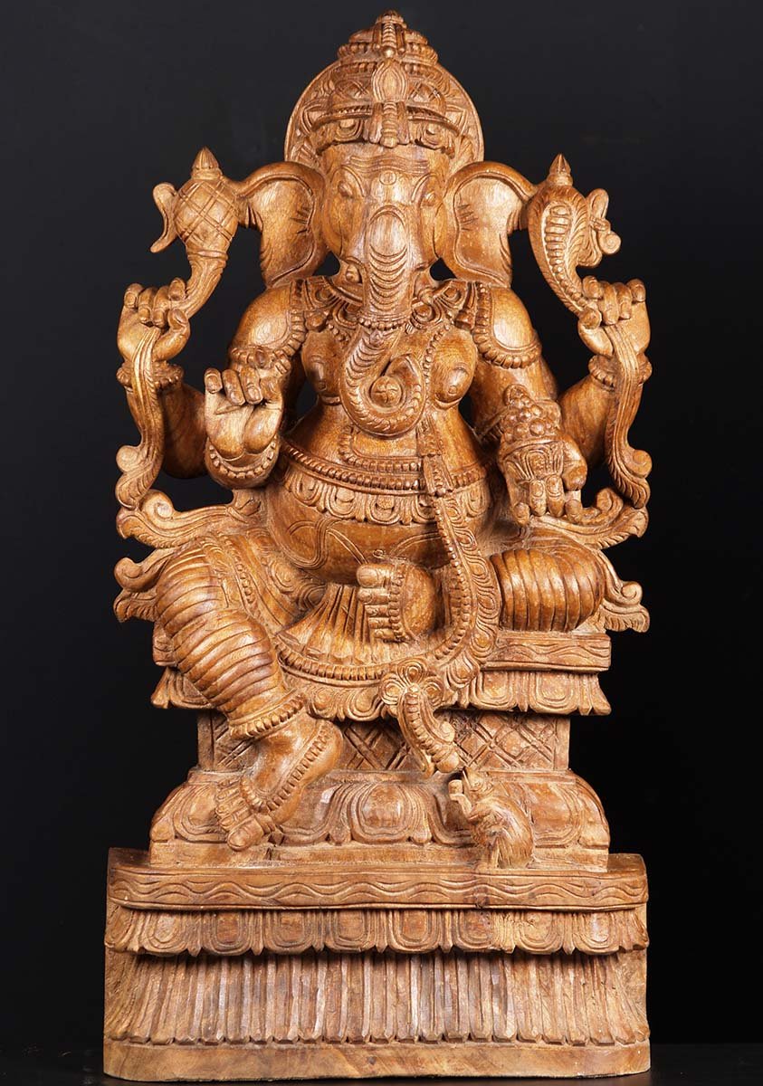 Wooden Ganesh Seated On Throne 36"