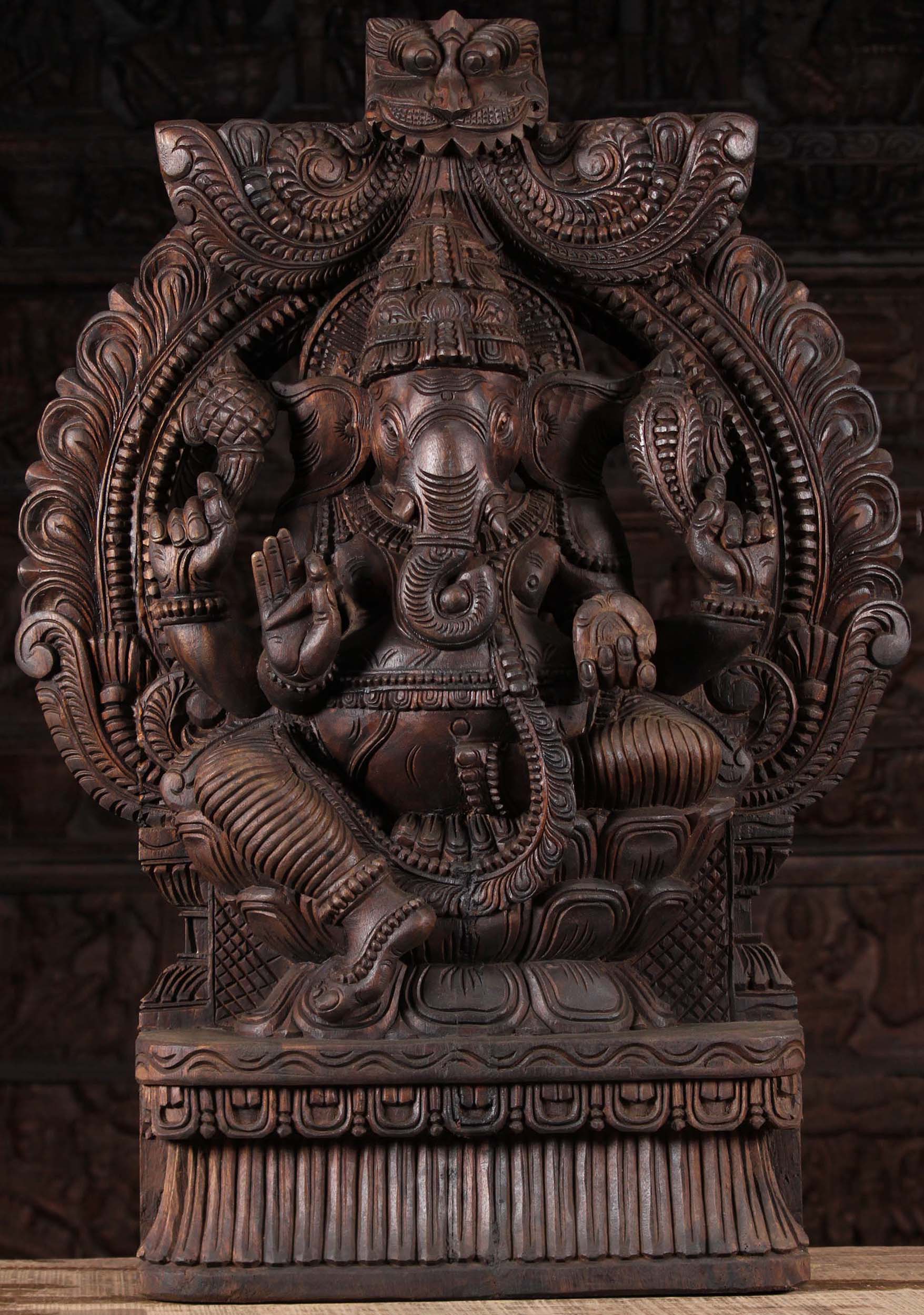 Wooden Seated Ganesha with Large Arch 36"