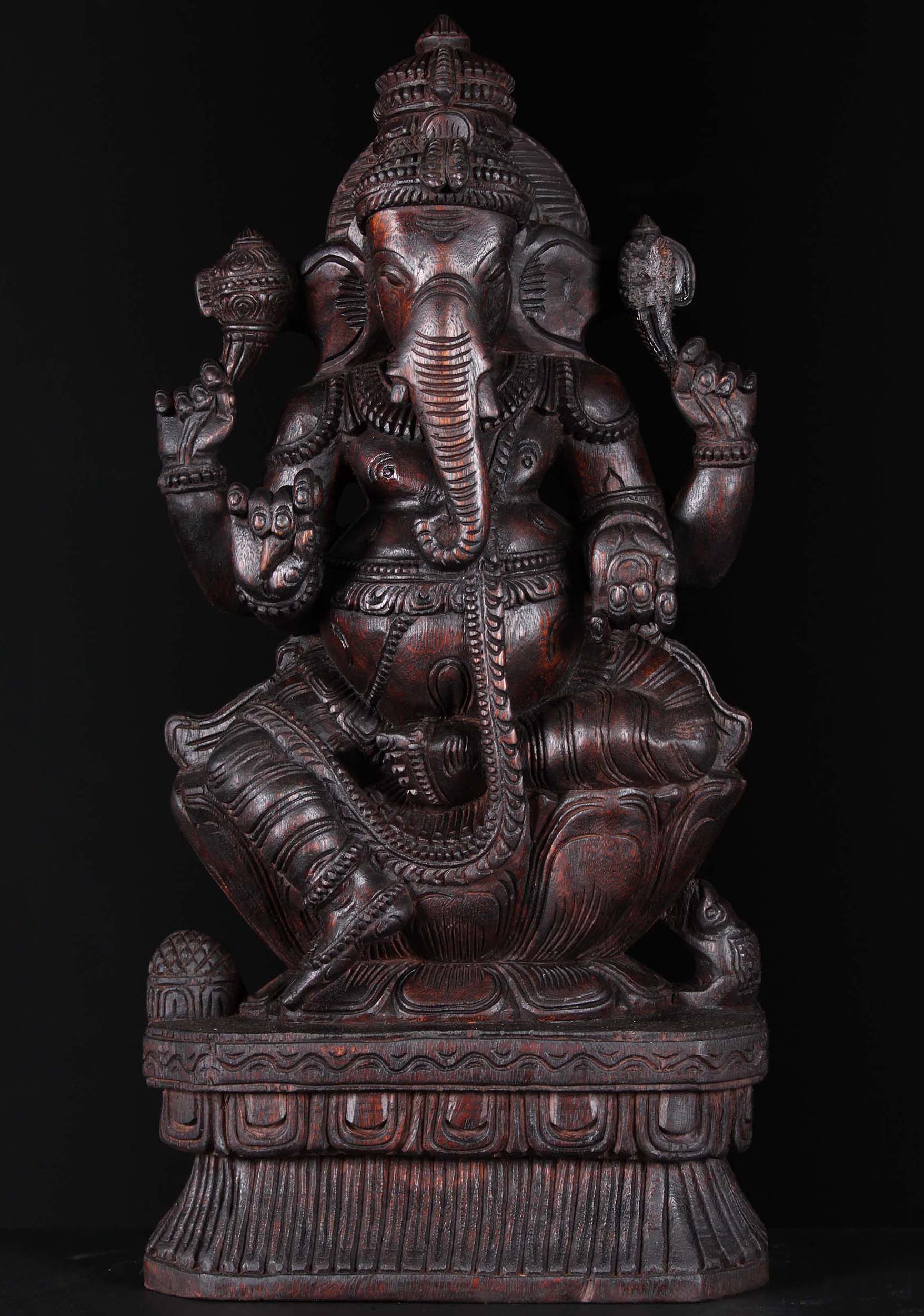 Dark Wood Seated Ganesh Sculpture 24"