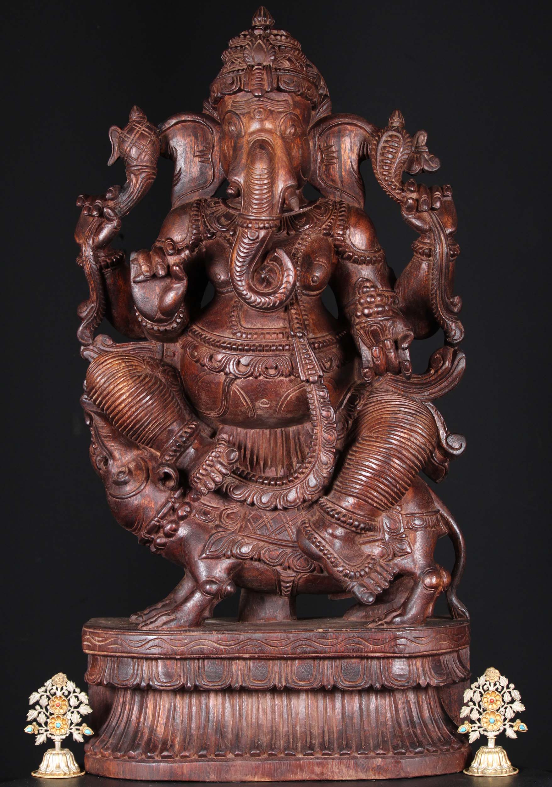 Wooden Ganesh Statue Sitting On Rat 36"