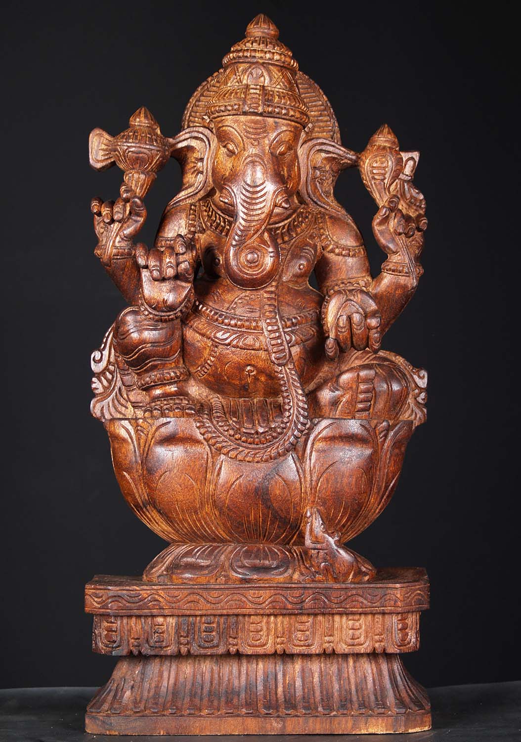 Wood Ganesh Statue Seated on Lotus 24"