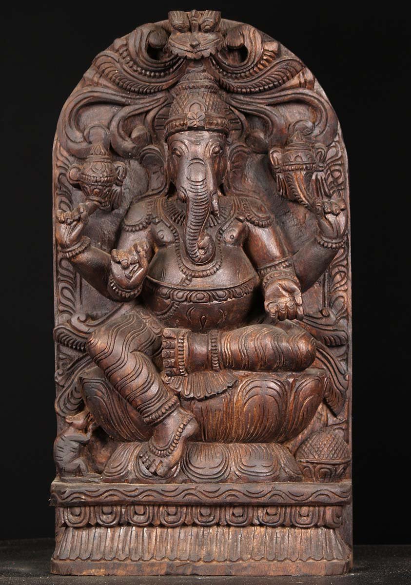 Wooden Ganesh Statue with Mahakala Arch 18"