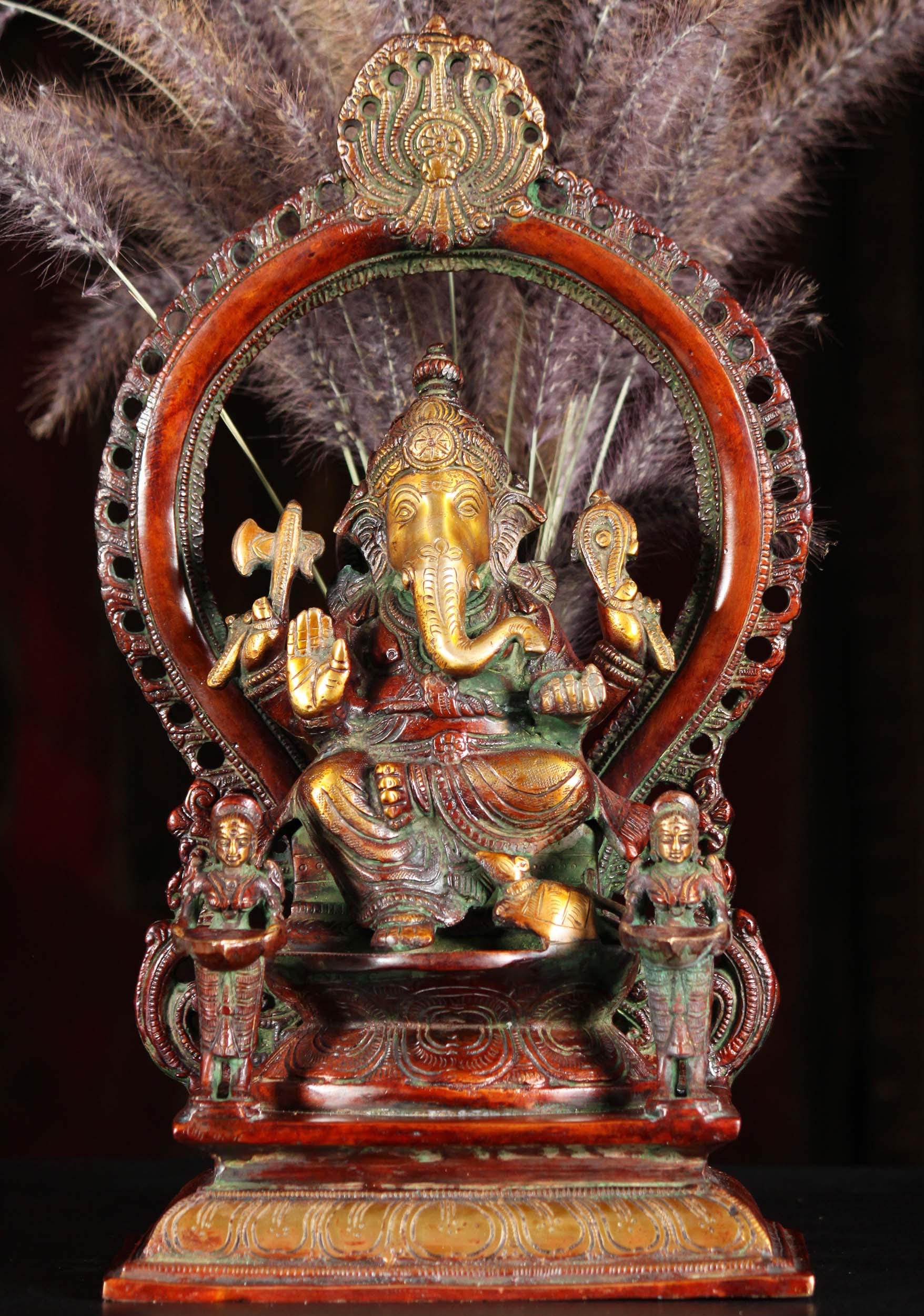 Brass Ganesh Statue Seated on Throne with 2 Standing Deepa Lakshmis Holding Lamps  14"