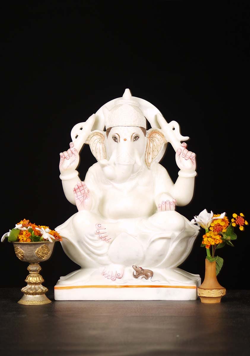 White Marble Seated Ganesh Sculpture 19"