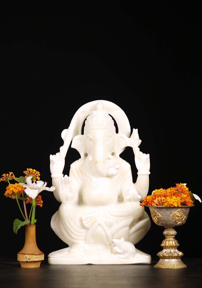 White Marble Seated Ganesh Statue 12"