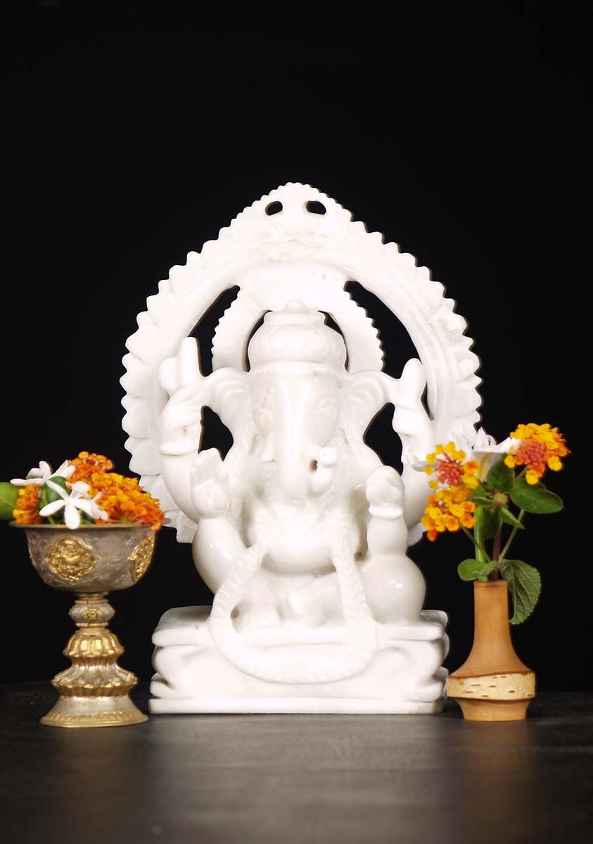 White Marble Ganesh With Arch 12"