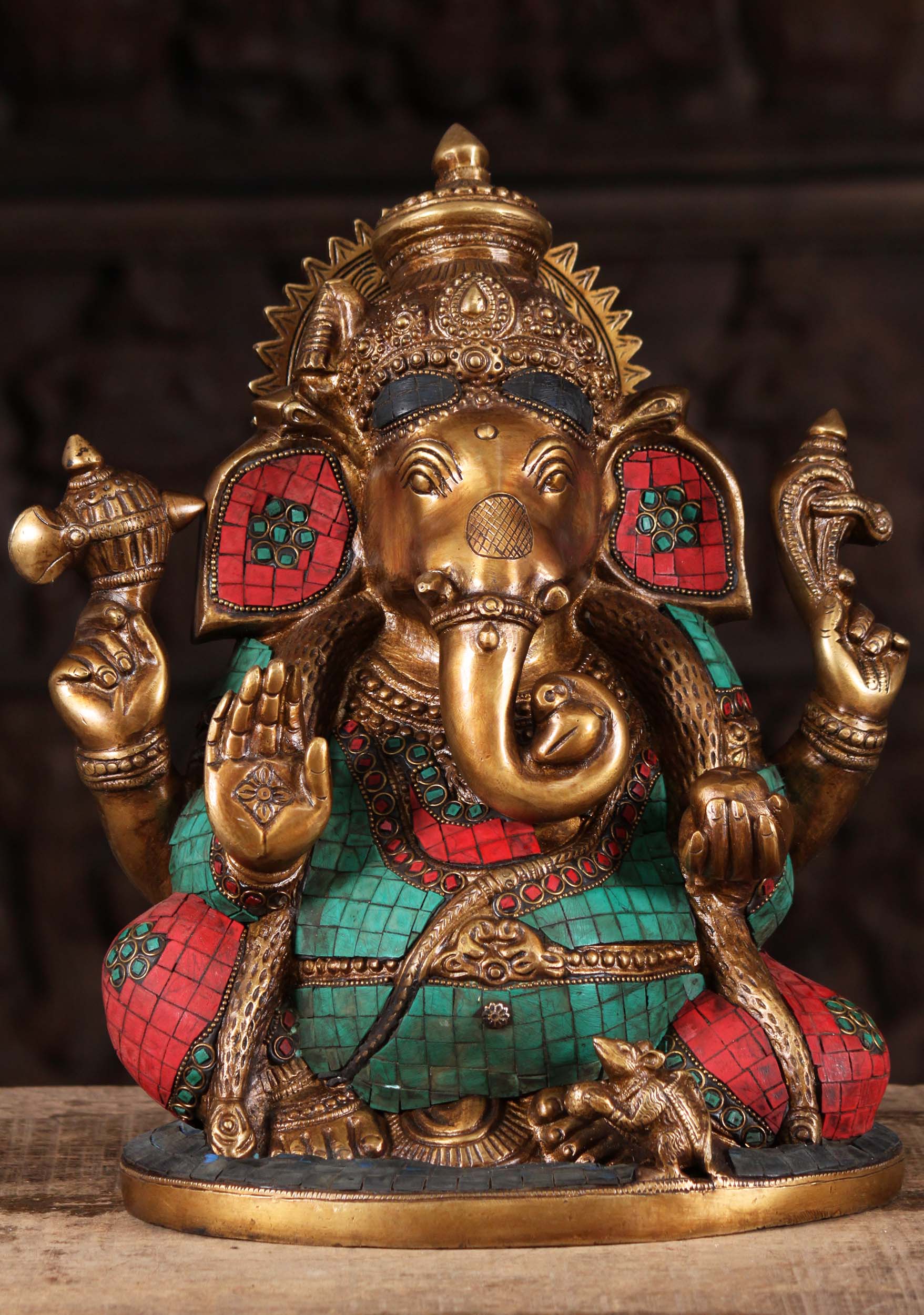 Ganesh with Colored Stones Holding a Conch Shell in His TrunkBrass Statue of Hindu God 13"