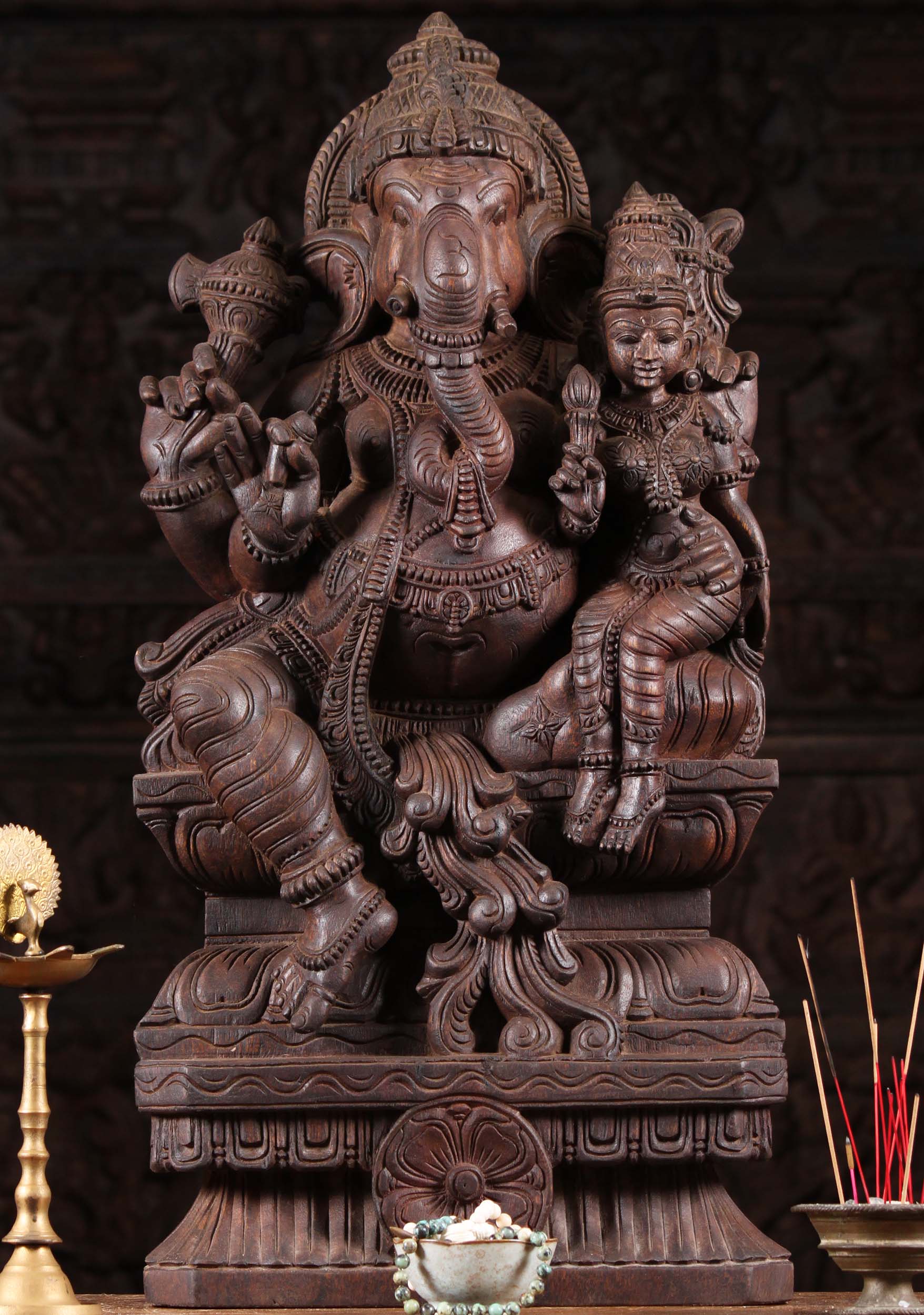 Wooden OM Ganesh with Lakshmi Statue 30"