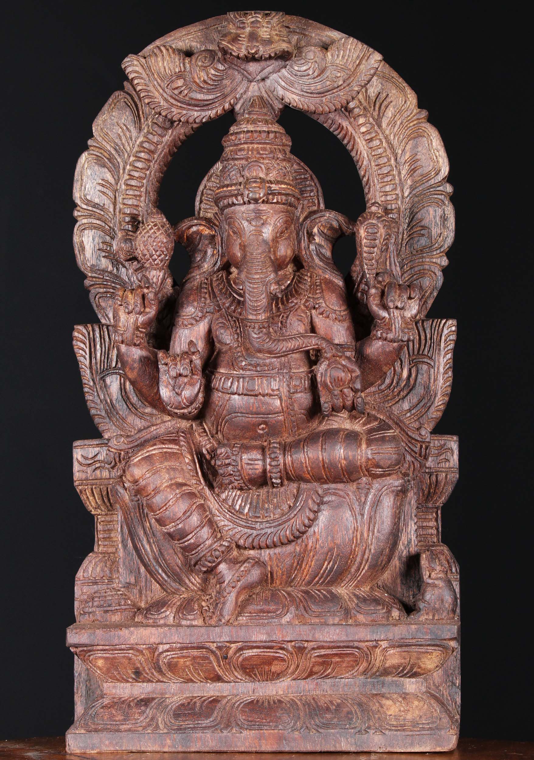 Wood Ganesh Statue with Arch Hand Carving 18"