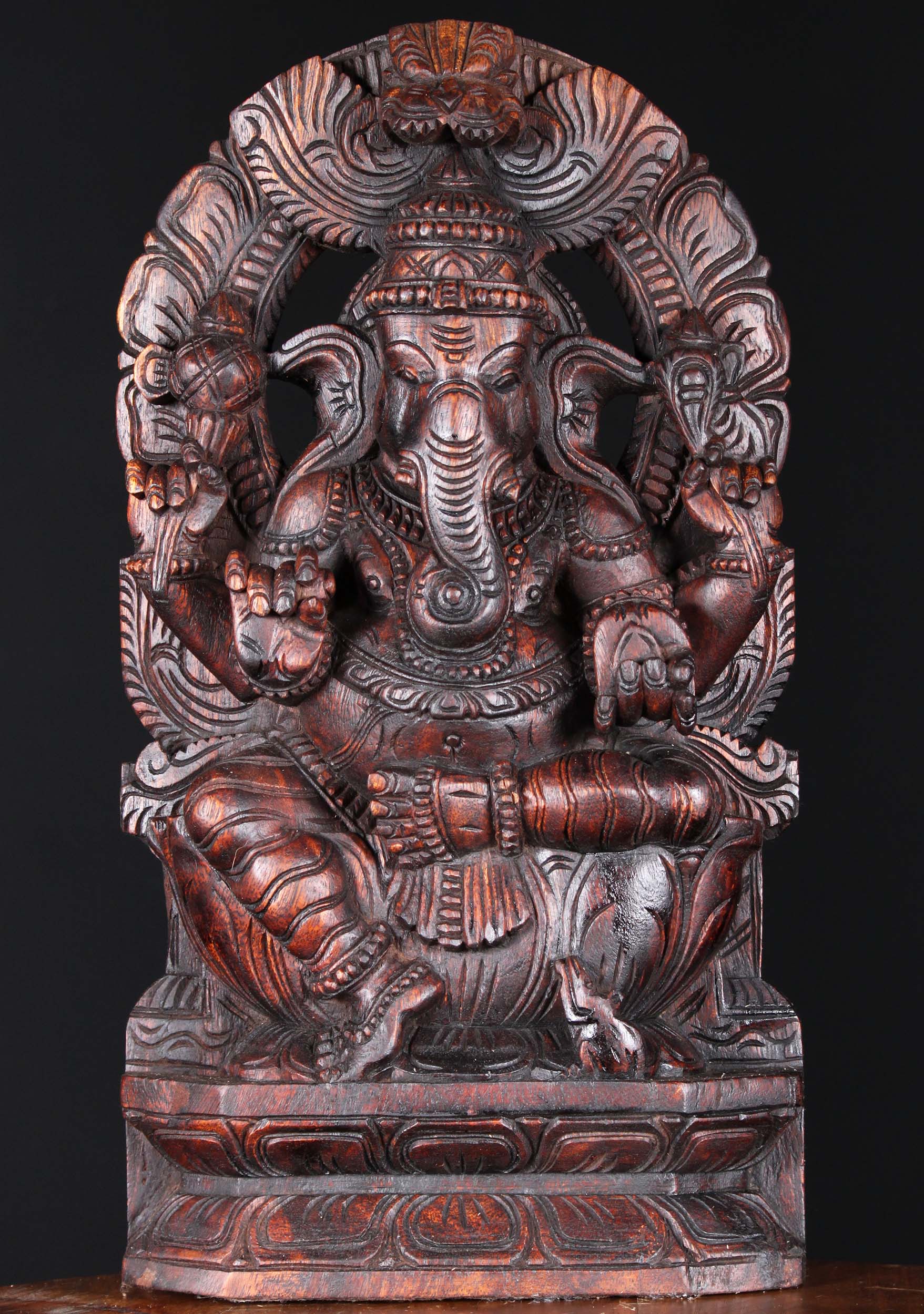 Wooden Ganesh with Arch Sculpture 18"