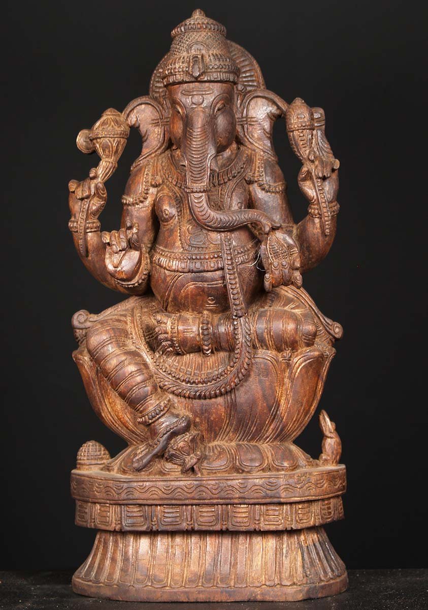 Wooden Seated Ganesh Sculpture 24"