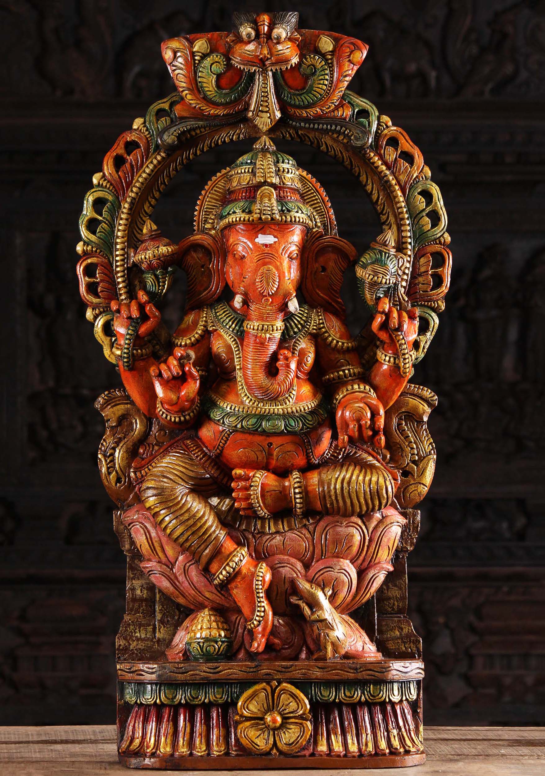 Wood Ganesh on Lotus with Kirtimuhka  Arch 36"