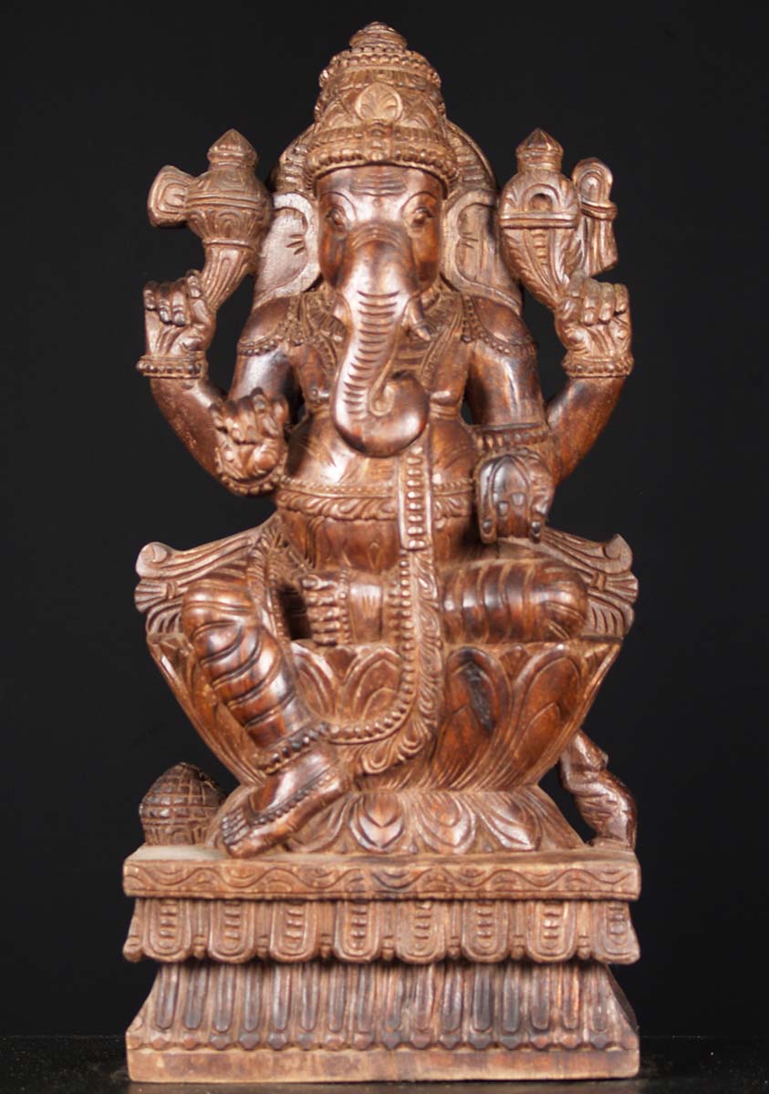 Wooden Seated Ganesh Statue 24"