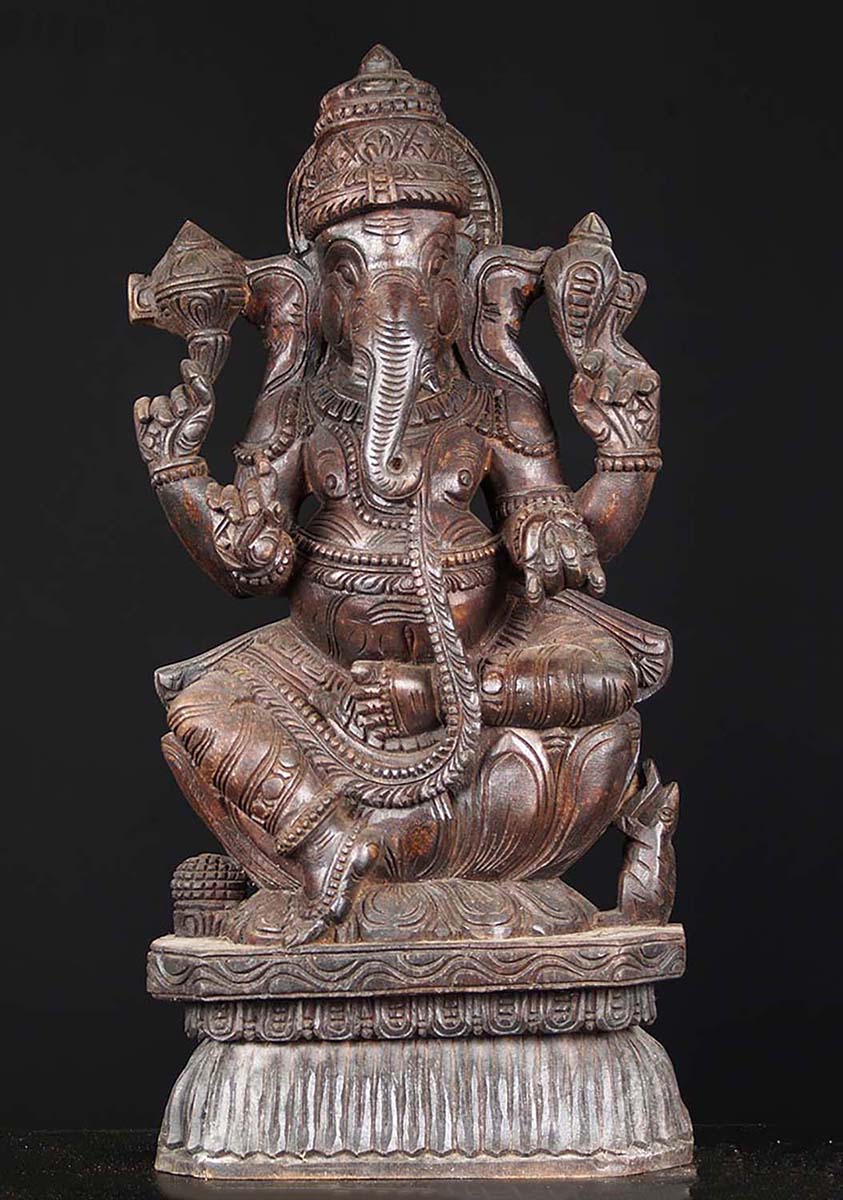 Wooden Seated Ganesha Statue 24"