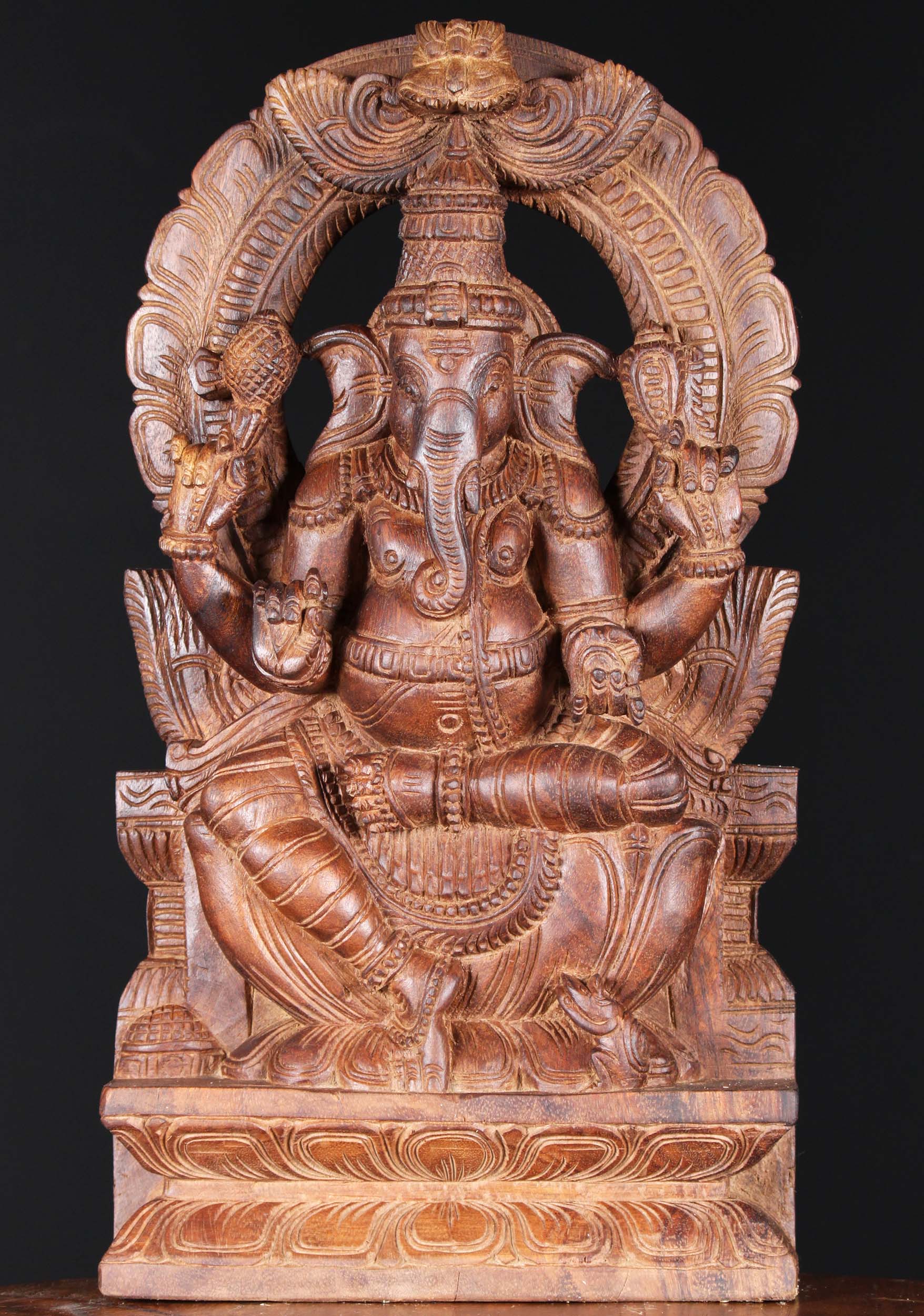 Wooden Ganesh Statue with Arch Carving 18"