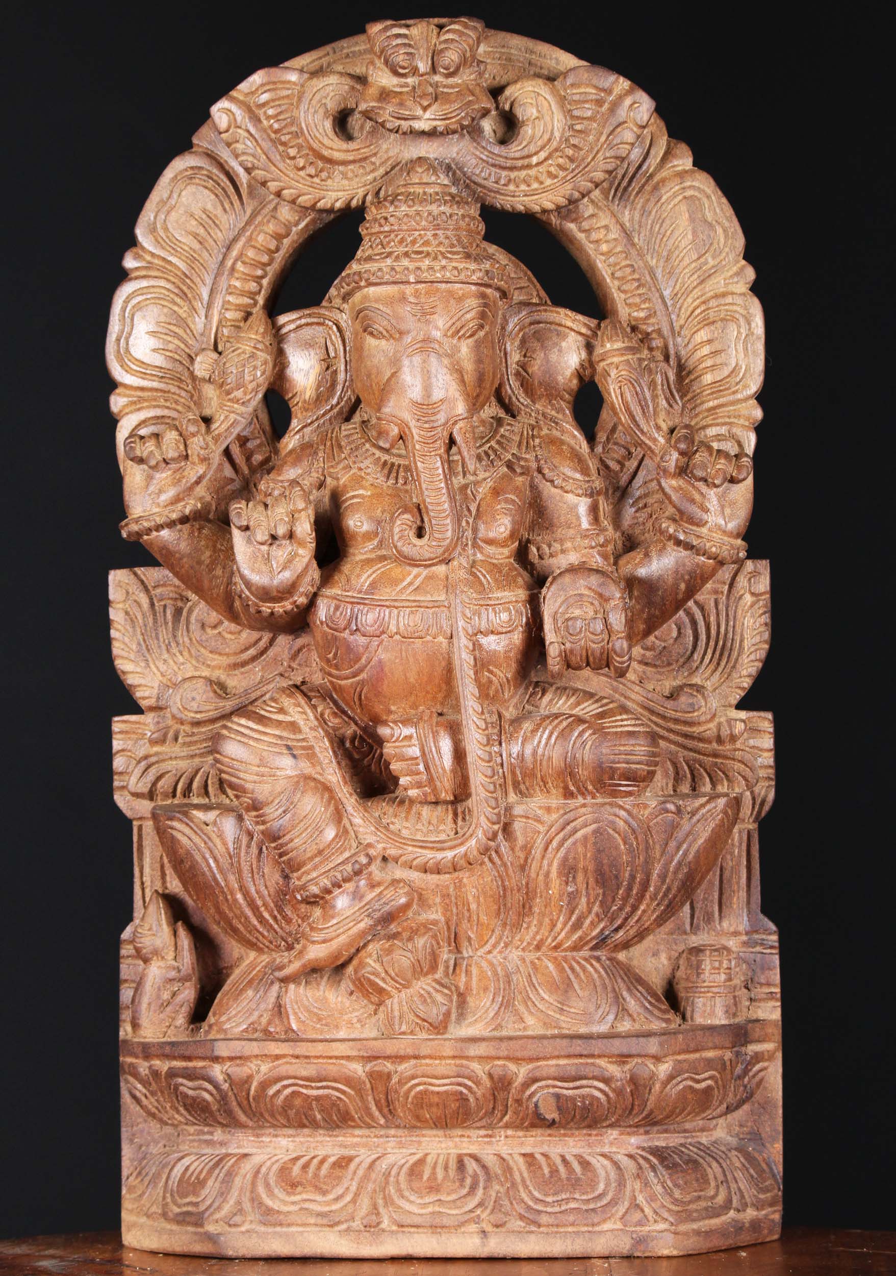 Wooden Seated Ganesh Statue with Arch 18"