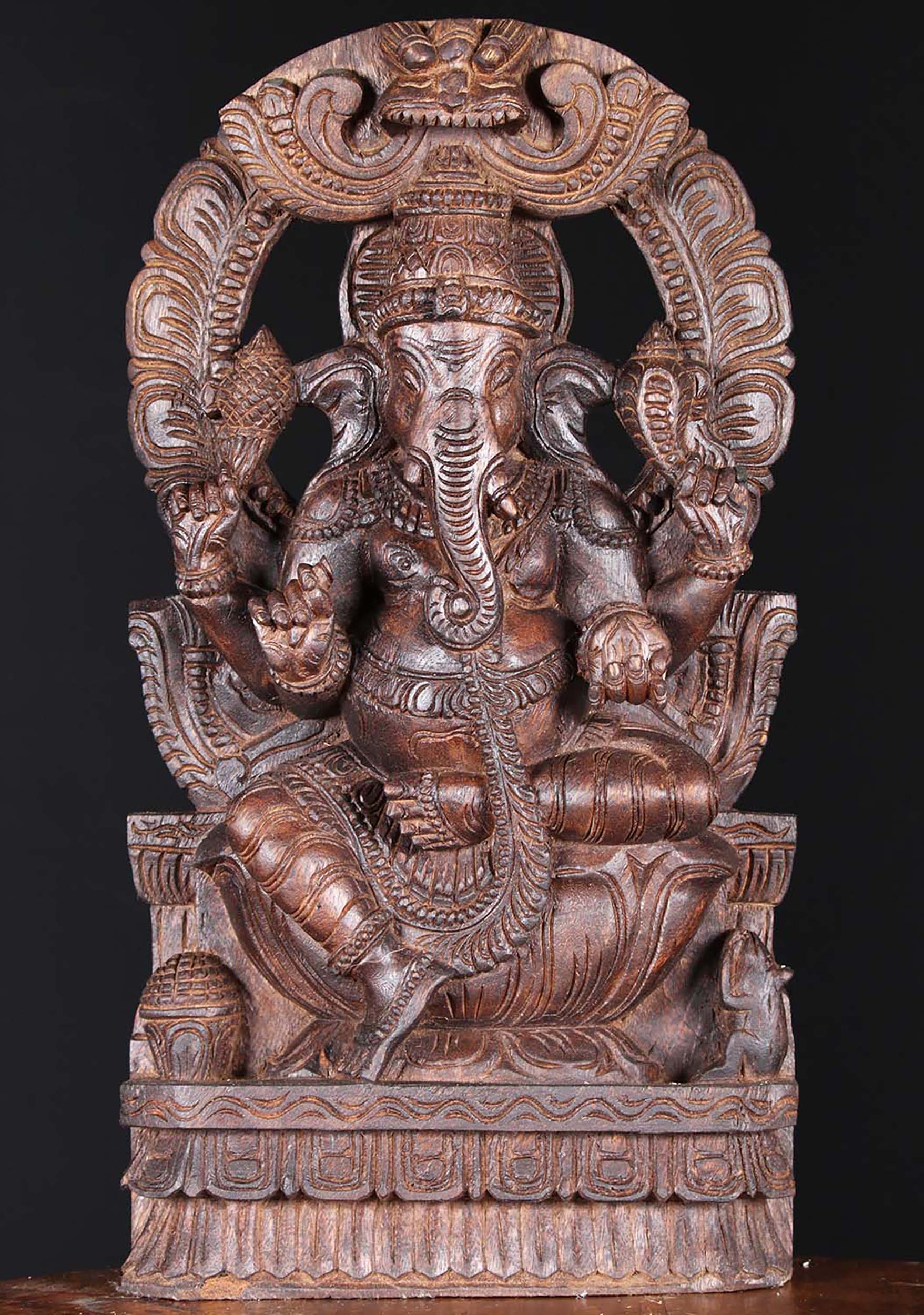 Wood Ganesh with Mahakala Arch Sculpture 18"